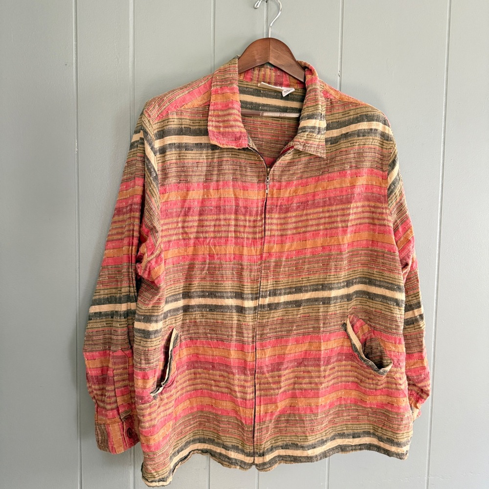 Striped‎ Cotton Zip Jacket Boho Granola Lagenlook Slub Weave Earthy 2X Plus Size